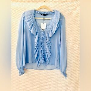 Zara Blue Ruffled longSleeve Blouse